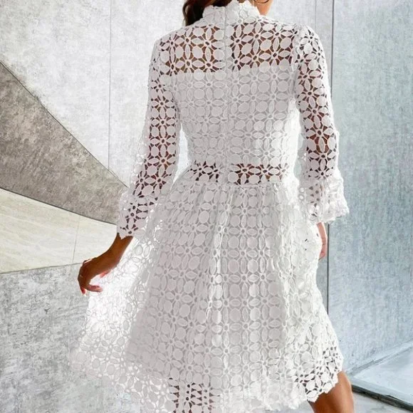 White mock neck Mesh Insert Flounce Sleeve Lace Dress - Picture 3 of 7